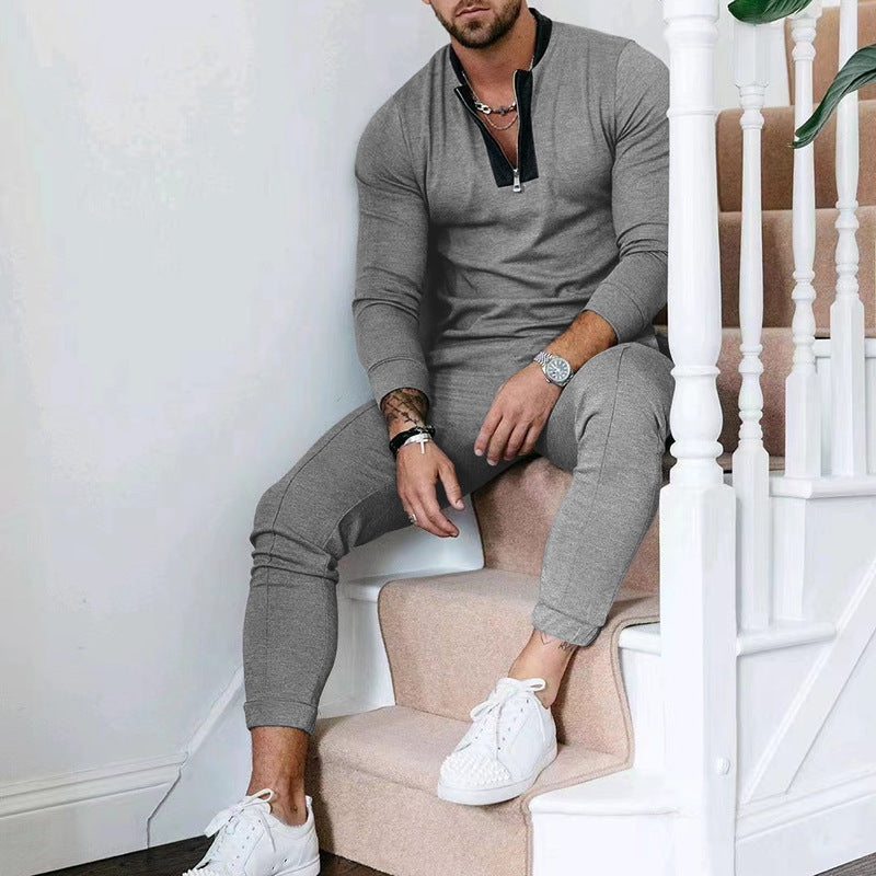 Patchwork Stand-up Collar Half Zipper Casual Suit