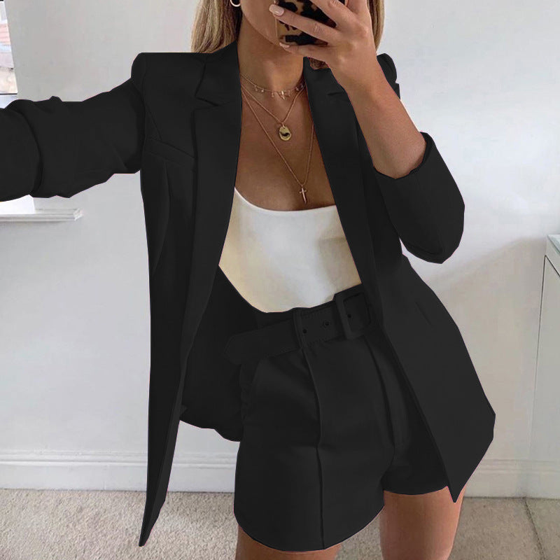 Costume couleur unie Blazer col manteau short droit tempérament femme