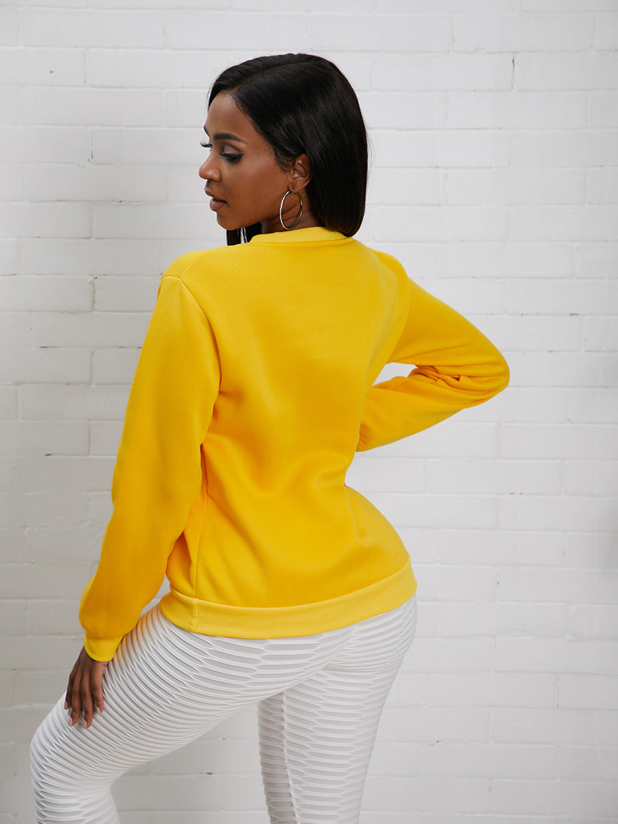 Fashion Printed Long-sleeved Fleece Crewneck Yellow Sweater