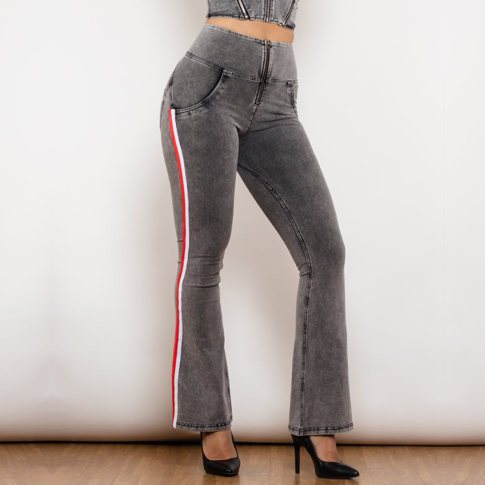 Shascullfites Melody Side Stripe Denim Jeans Fashion Stretch Bum Lift Flare Pants High Waist Grey Jeans