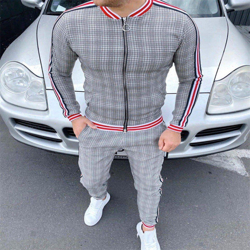 Men's Striped Plaid Zip-Up Set