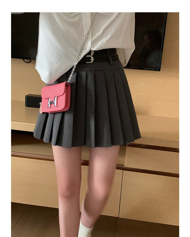 Women's Preppy Style Design Double Belt A- Line Skirt