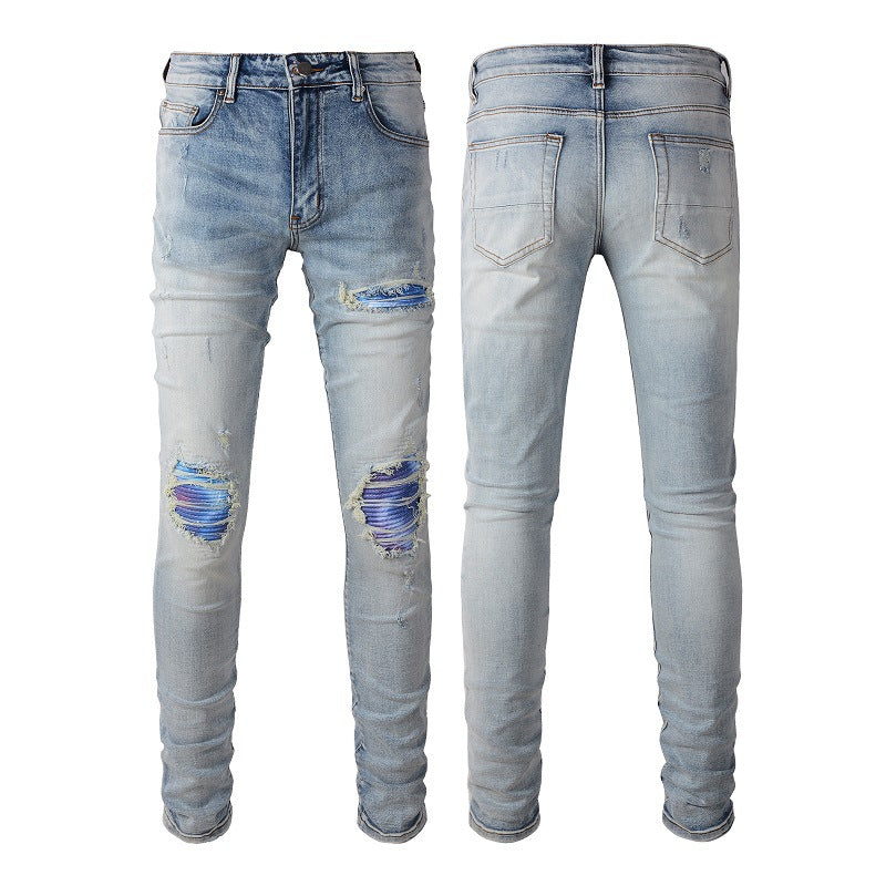 High Street Light Blue Broken Hole Colorful Gradient Patch Slim Elastic Ripped Tight Trousers