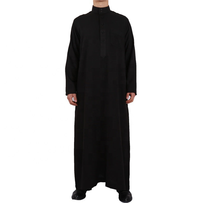 Hui Men'S Qatar Style Cotton And Linen Long-Sleeved Stand-Up Collar Plus Size Arab Robe Middle Eastern Men'S Worship Robe