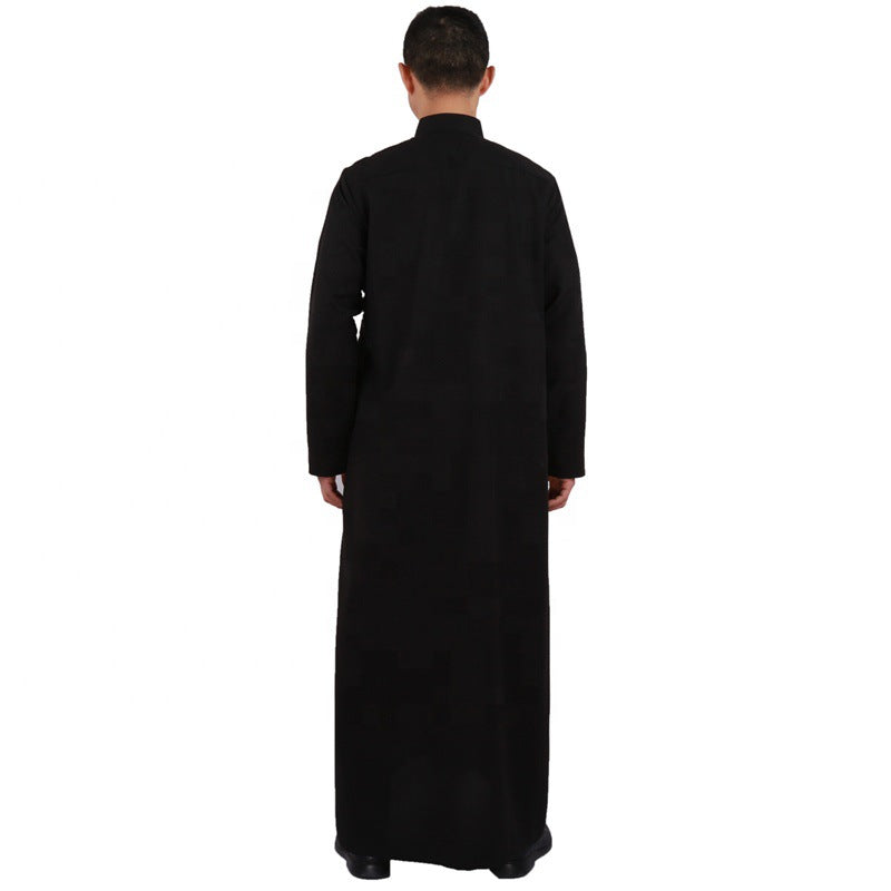 Hui Men'S Qatar Style Cotton And Linen Long-Sleeved Stand-Up Collar Plus Size Arab Robe Middle Eastern Men'S Worship Robe