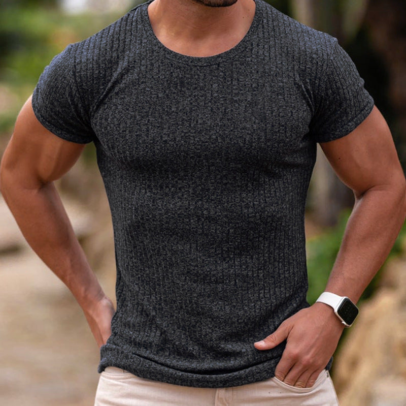 Men's Summer Sports Fitness Casual Stand Collar Elastic Vertical Bar Round Neck Short Sleeve T-shirt