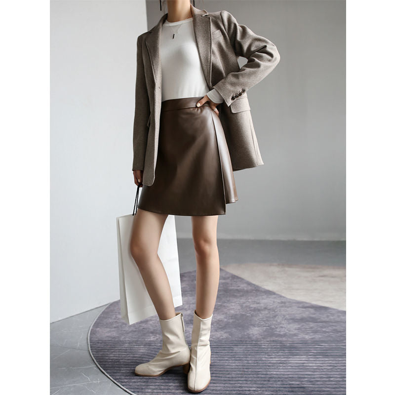 Retro High Waist PU Leather A- Line Small Leather Skirt Temperament Hip Skirt Skirt Women's Split Skirt