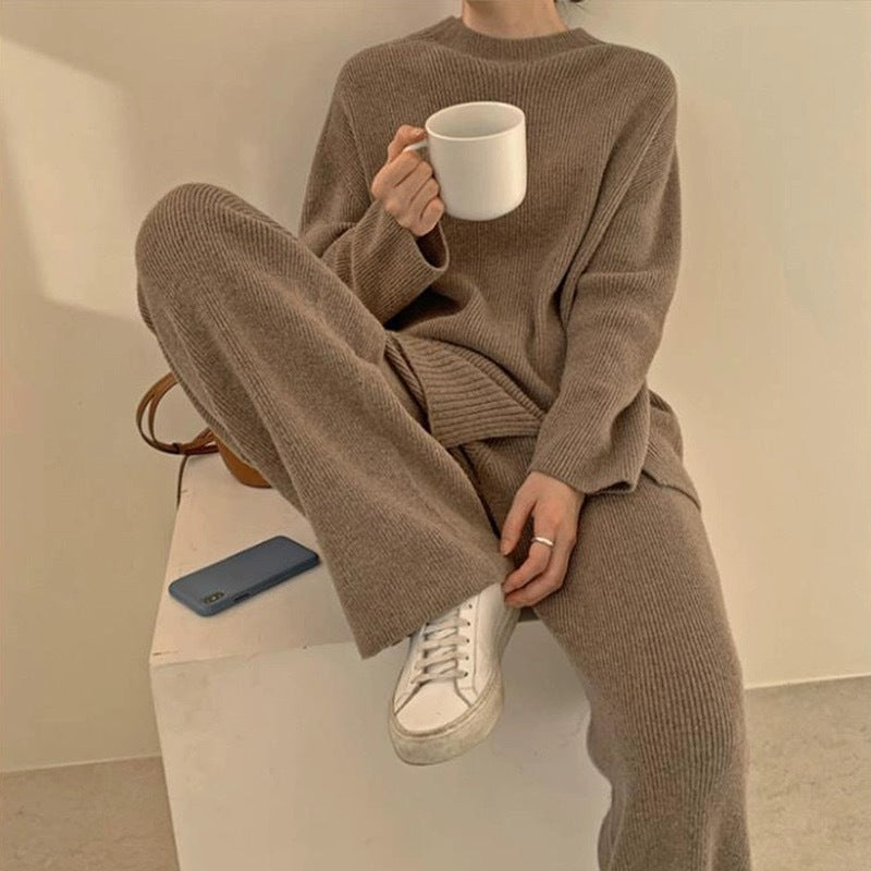 Autumn And Winter New Split Sweater Straight Loose Wide Leg Pants Two-piece Set