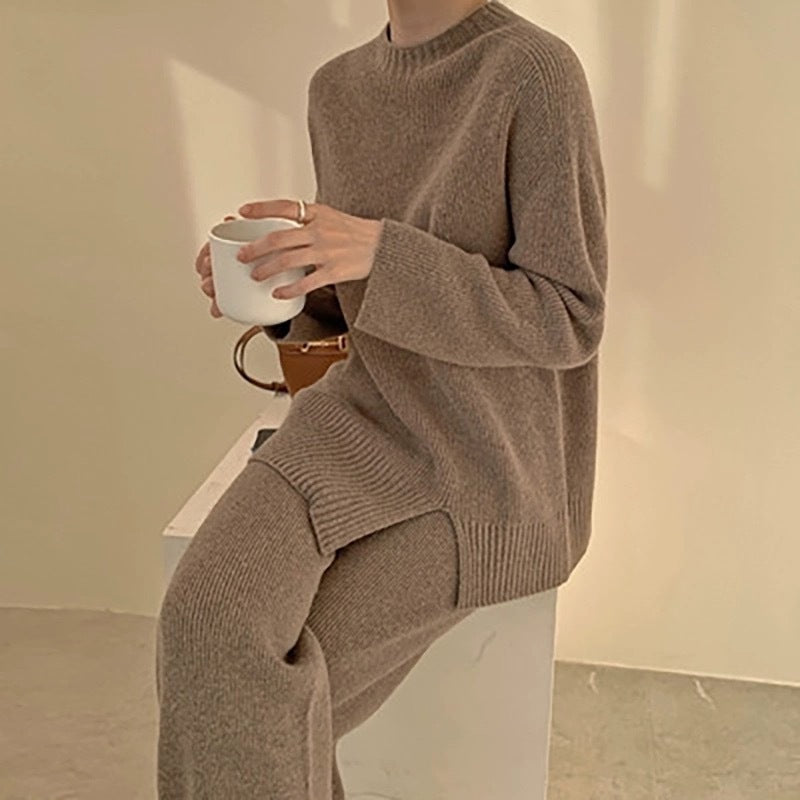 Autumn And Winter New Split Sweater Straight Loose Wide Leg Pants Two-piece Set