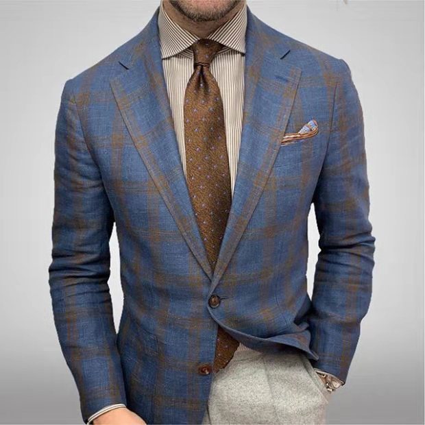 Men's Plaid Suit, Long Sleeve Coat, Business Suit