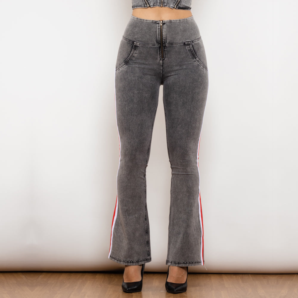 Shascullfites Melody Side Stripe Denim Jeans Fashion Stretch Bum Lift Flare Pants High Waist Grey Jeans