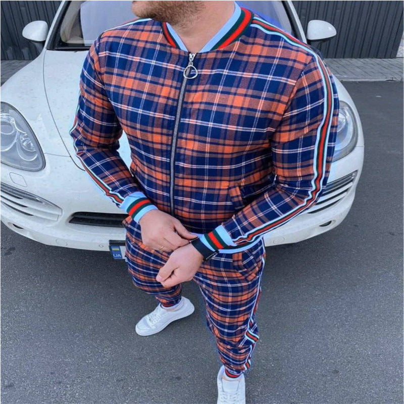 Men's Striped Plaid Zip-Up Set