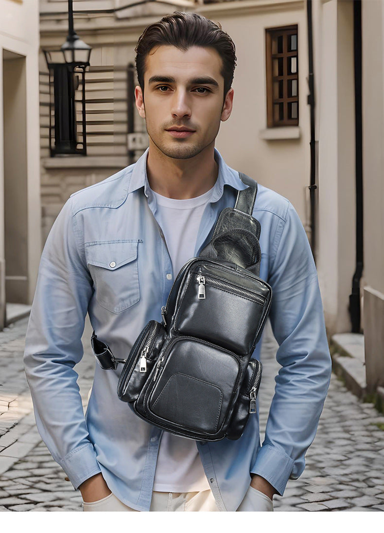 Petit sac de poitrine décontracté en cuir de vache pour hommes