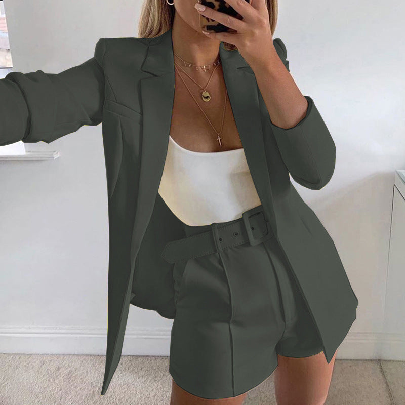 Costume couleur unie Blazer col manteau short droit tempérament femme