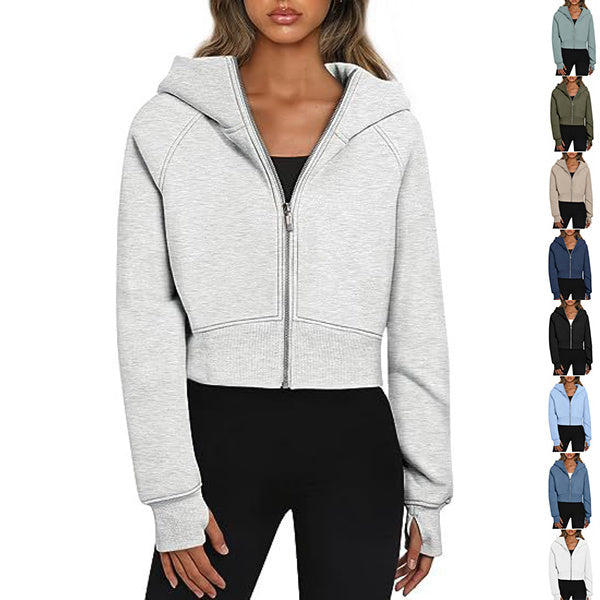 Casual Zippered Hooded Sweatshirt Fleece Sport Cardigan Fashion Hoodies Short Tops Womens Clothing