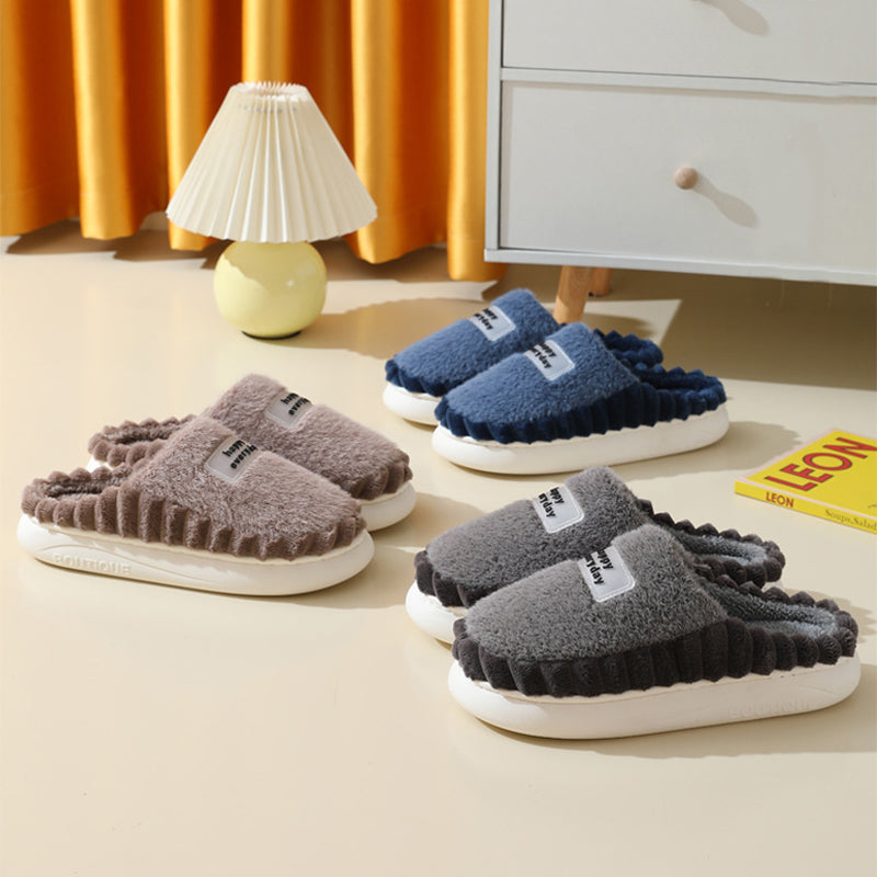 Home Slippers For Men Thick-soled Color-block Letters Fluffy Fleece House Shoes Winter Indoor Warm Slip On Floor Bedroom Slipper