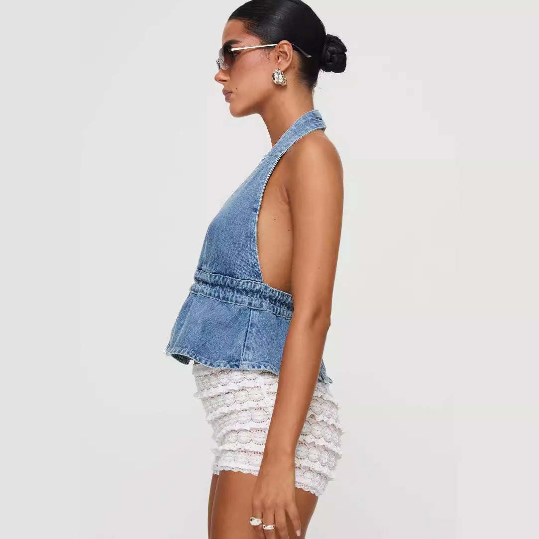 Sexy Washed Denim Exposed Back Halter Lace-up Sexy Hot Girl Denim Top