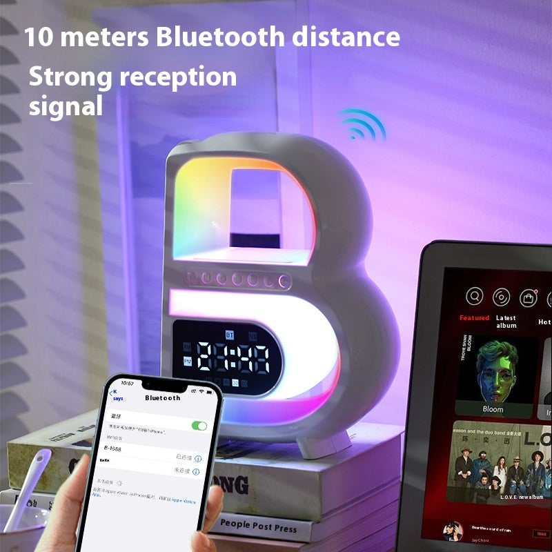 2024 New B-Shaped Blutooth Speaker Multifunctional Smart Music Rhythm Lighting Phone Wireless Charger TF Card AUX Input Standard Mode