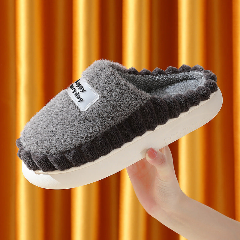 Home Slippers For Men Thick-soled Color-block Letters Fluffy Fleece House Shoes Winter Indoor Warm Slip On Floor Bedroom Slipper