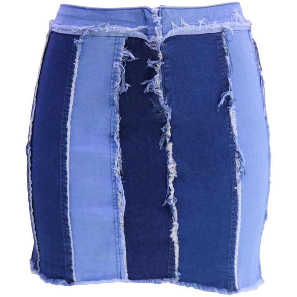 Design Sense Patchwork Washed Pleated Belt Denim Skirt