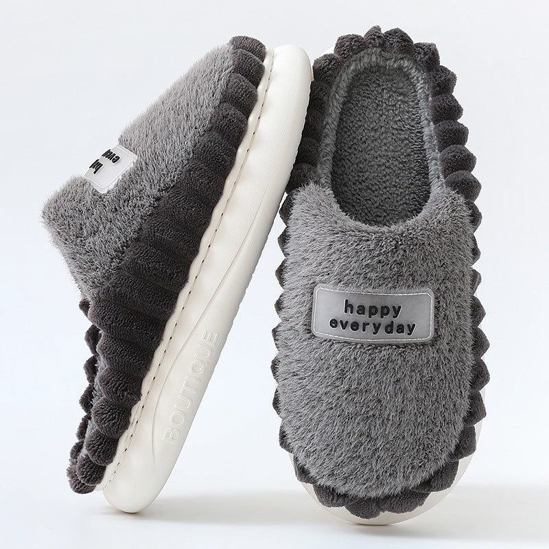 Home Slippers For Men Thick-soled Color-block Letters Fluffy Fleece House Shoes Winter Indoor Warm Slip On Floor Bedroom Slipper