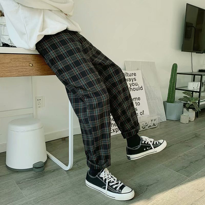 Boys Plaid Casual Pants Korean Style Loose Harem Pants Men