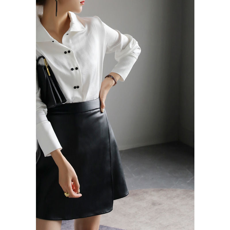 Retro High Waist PU Leather A- Line Small Leather Skirt Temperament Hip Skirt Skirt Women's Split Skirt