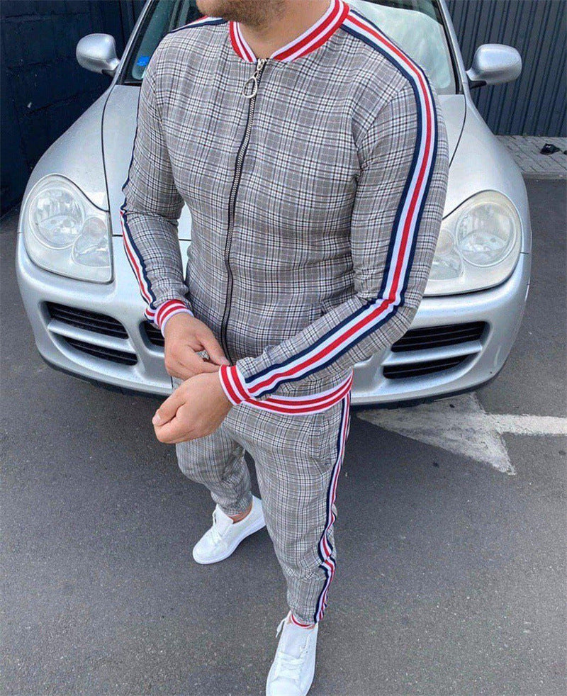 Men's Striped Plaid Zip-Up Set