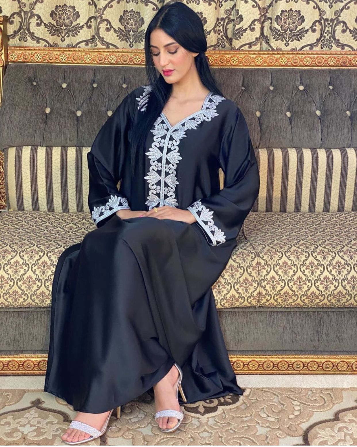 Middle East Dubai Embroidery Bronzing Lace Jalabiya Dress