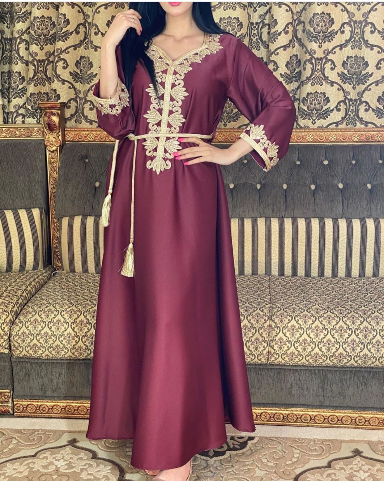 Middle East Dubai Embroidery Bronzing Lace Jalabiya Dress