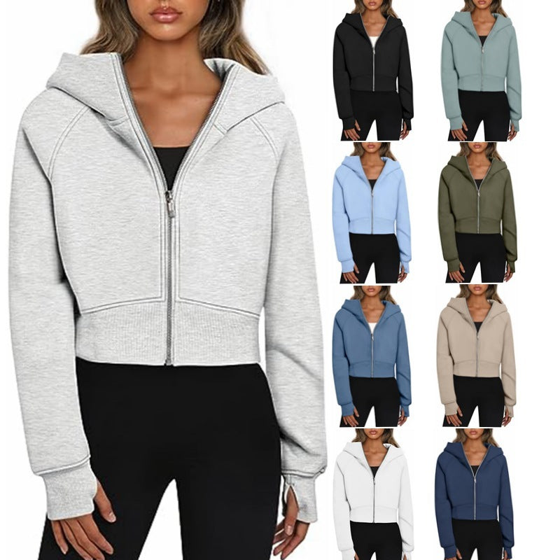 Casual Zippered Hooded Sweatshirt Fleece Sport Cardigan Fashion Hoodies Short Tops Womens Clothing