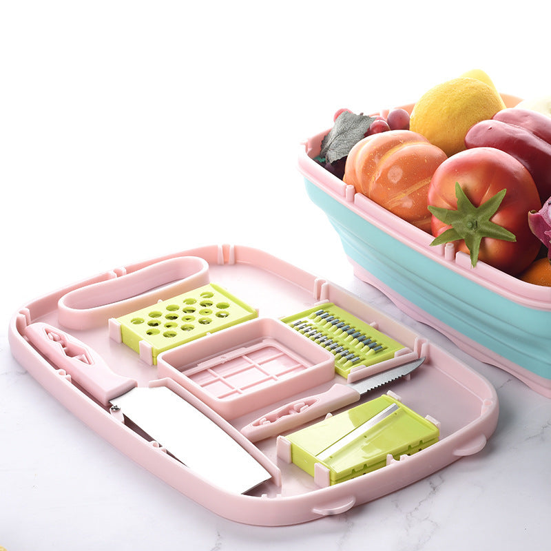 Anti-Overflow Groove Kitchen Chopping Board 9 In 1 Foldable Drainage Basket Multifunction Safety Cutting Board Set