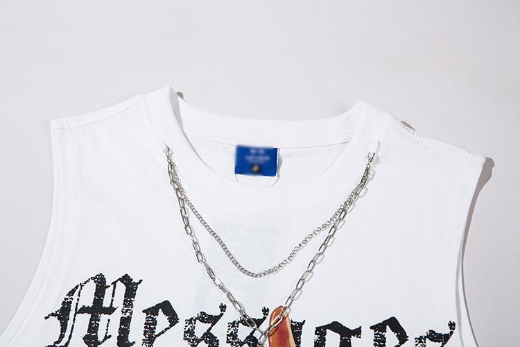 Letter Gesture Chain Round Neck Vest For Men