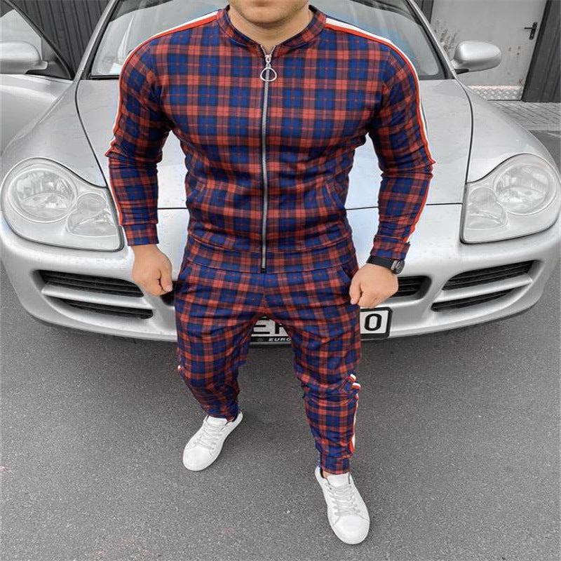 Men's Striped Plaid Zip-Up Set