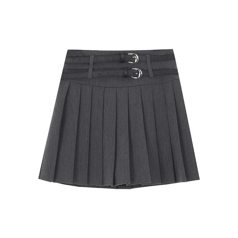 Women's Preppy Style Design Double Belt A- Line Skirt