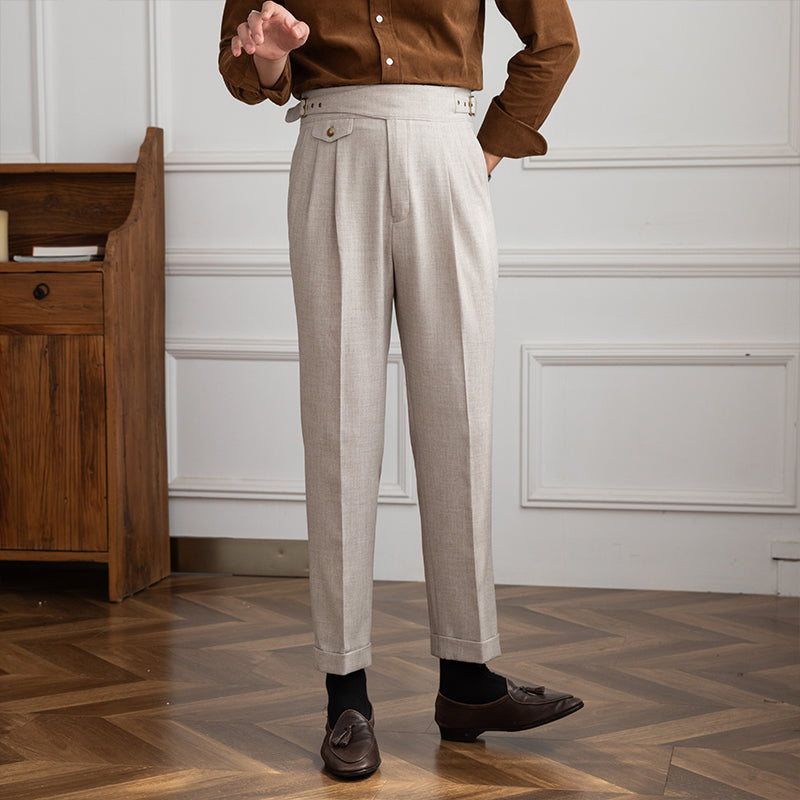 High-waisted Straight-leg Pants With Retro Double Pleats