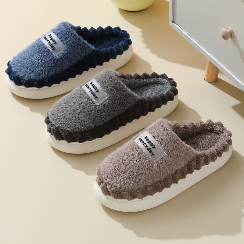 Home Slippers For Men Thick-soled Color-block Letters Fluffy Fleece House Shoes Winter Indoor Warm Slip On Floor Bedroom Slipper