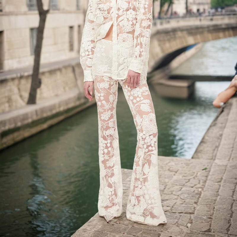 Women's Embroidered Transparent Shirt High Waist Trousers Suit