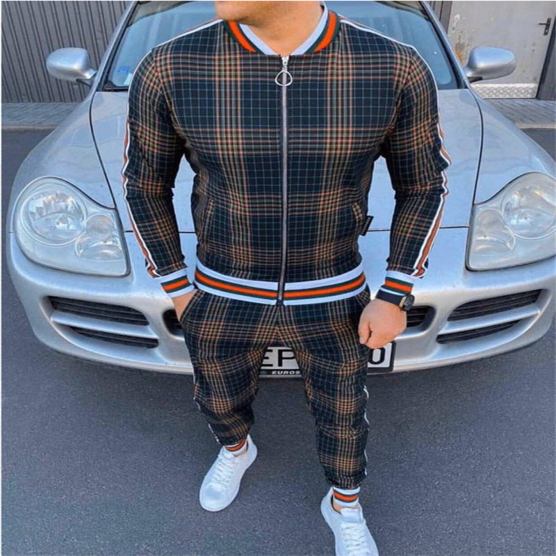 Men's Striped Plaid Zip-Up Set