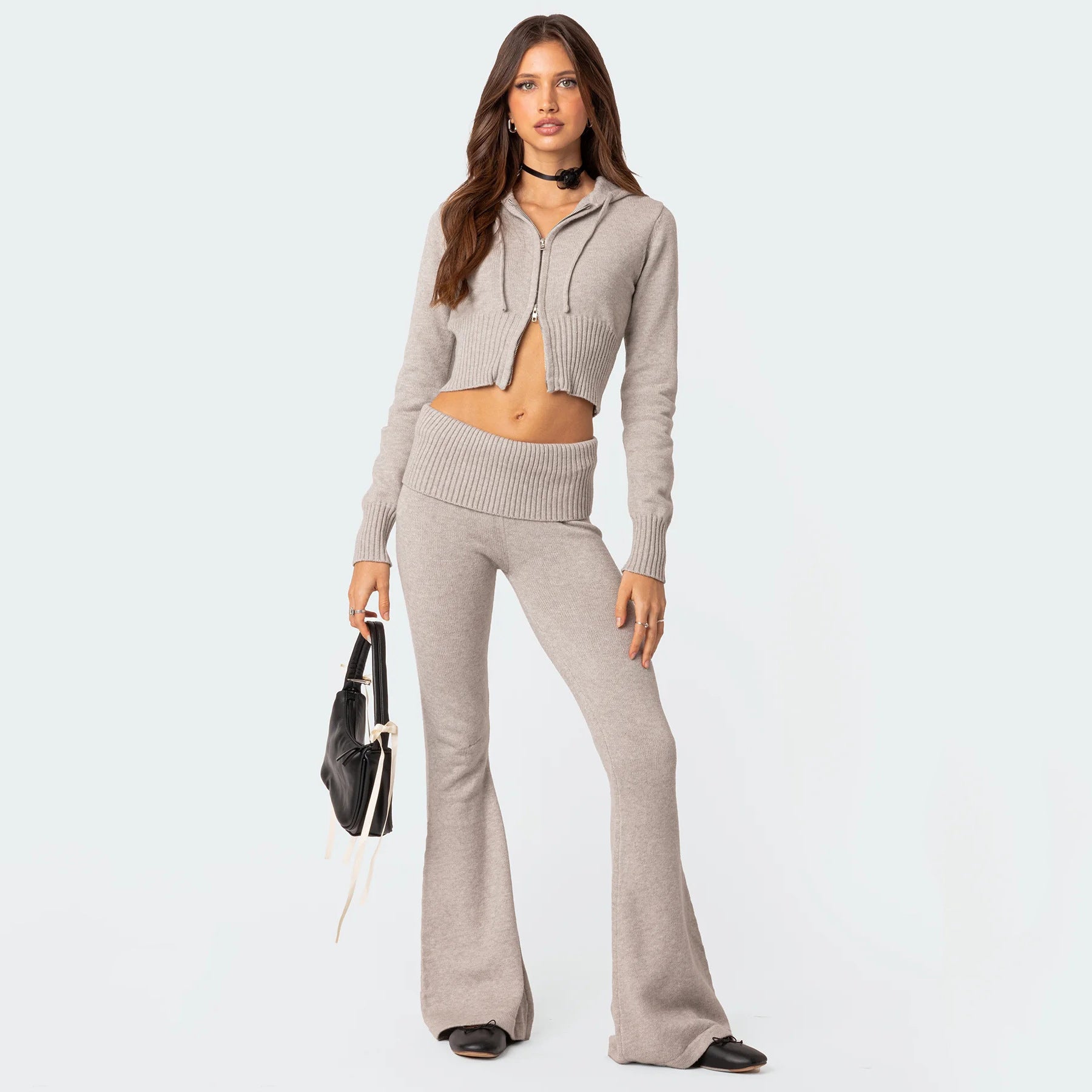 Women's Long Sleeve High Waist Pants Hooded Knitted Suits