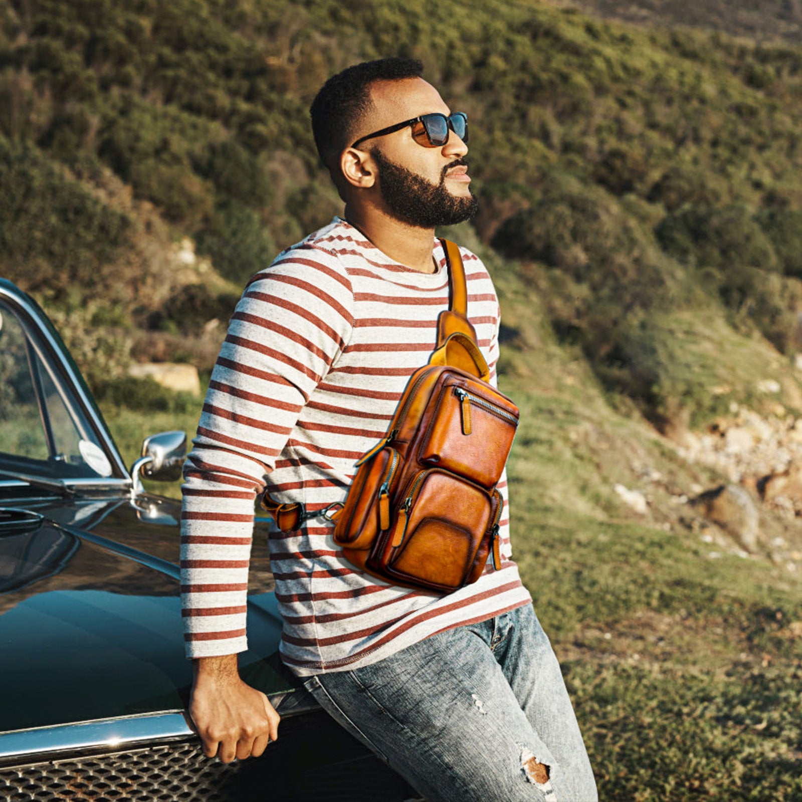 Petit sac de poitrine décontracté en cuir de vache pour hommes