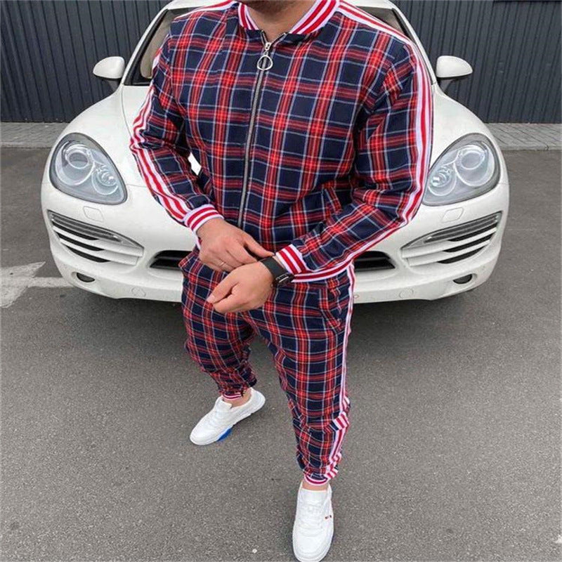 Men's Striped Plaid Zip-Up Set