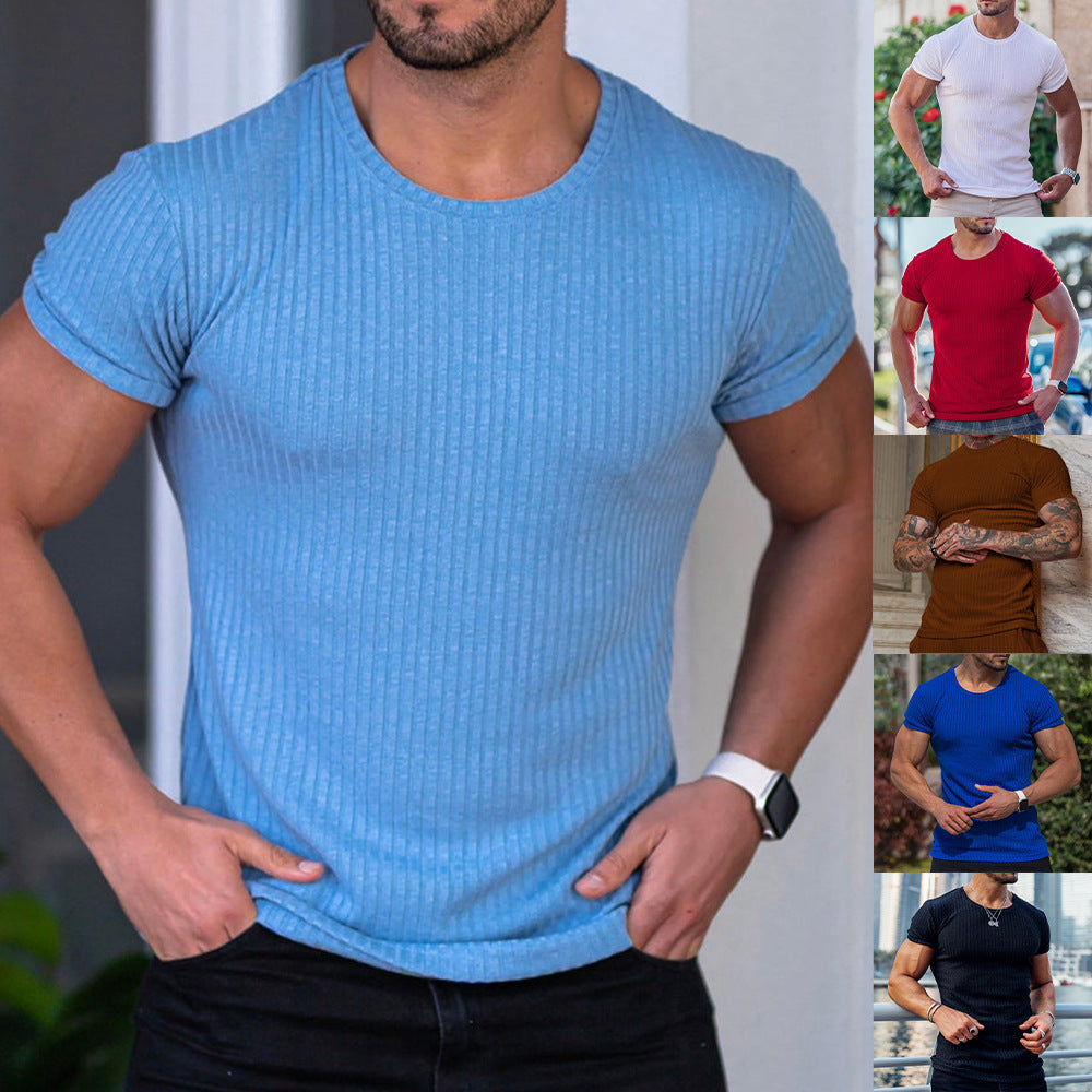 Men's Summer Sports Fitness Casual Stand Collar Elastic Vertical Bar Round Neck Short Sleeve T-shirt