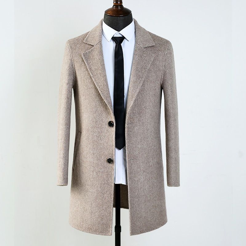 Double-faced Woolen Goods Wool Overcoat Mid-length Herringbone Pattern Handsome Jacket