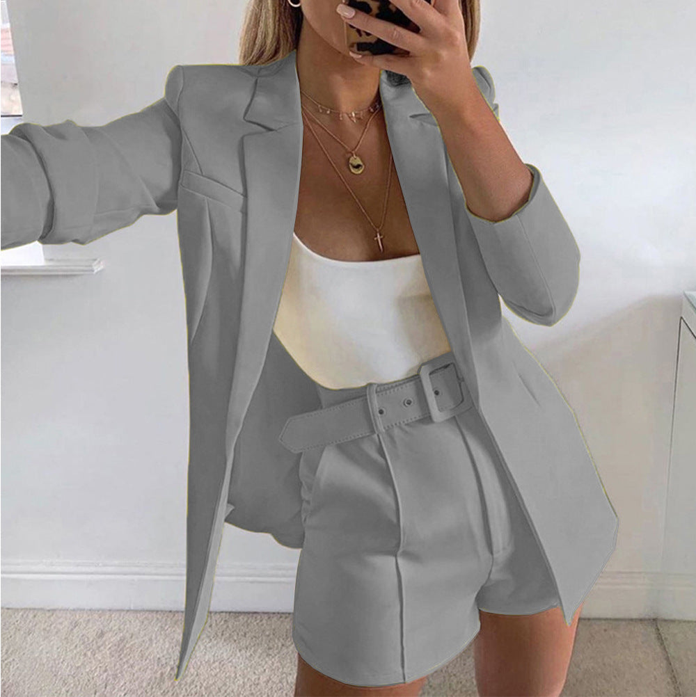 Costume couleur unie Blazer col manteau short droit tempérament femme