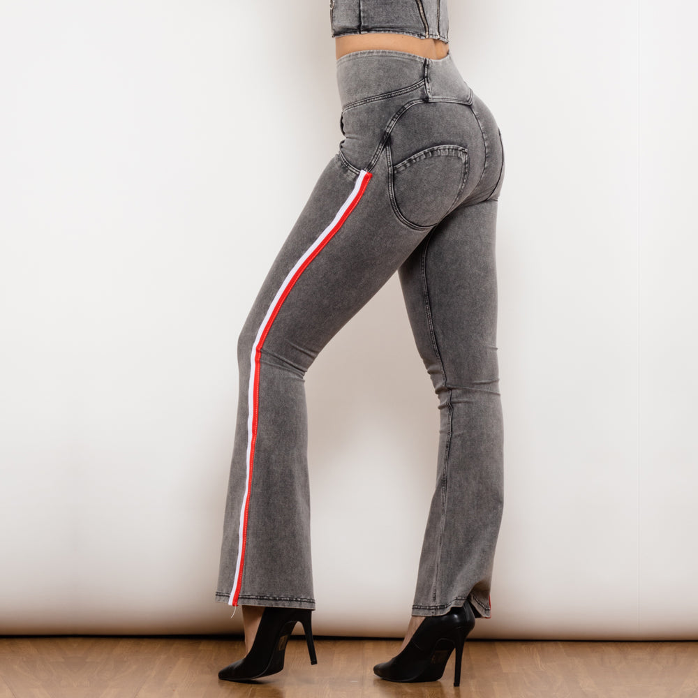 Shascullfites Melody Side Stripe Denim Jeans Fashion Stretch Bum Lift Flare Pants High Waist Grey Jeans