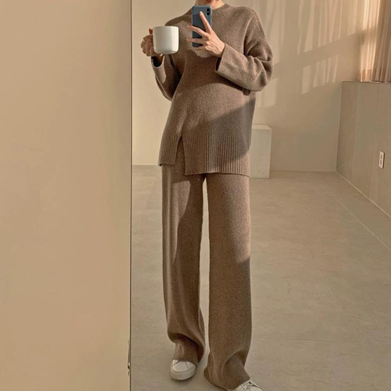 Autumn And Winter New Split Sweater Straight Loose Wide Leg Pants Two-piece Set