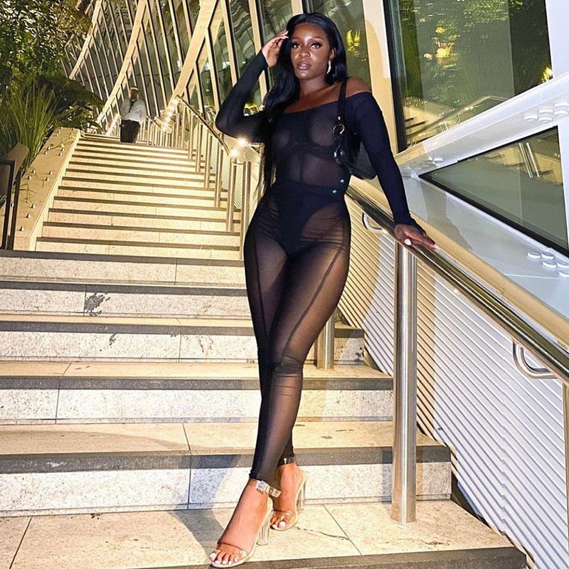 Sexy Mesh See Through One Shoulder One Piece Suit