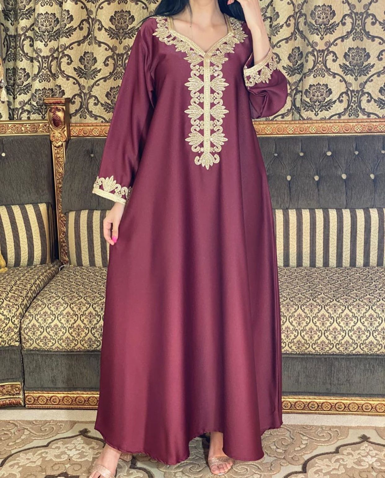 Middle East Dubai Embroidery Bronzing Lace Jalabiya Dress