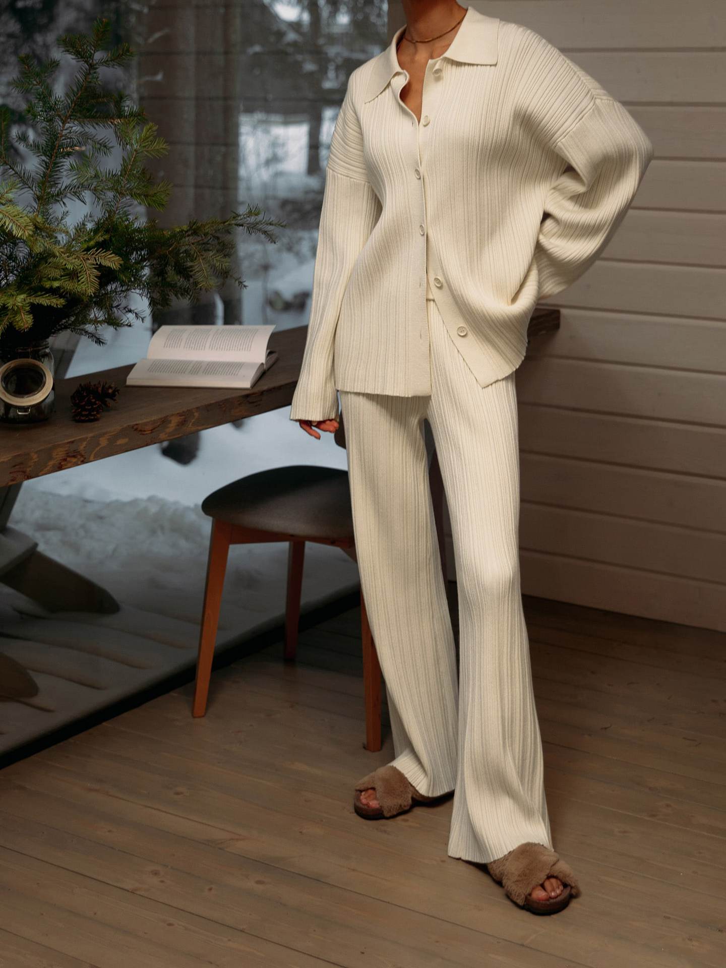 Bedford Cord Sweater Cardigan Knitted Straight Pants Suit